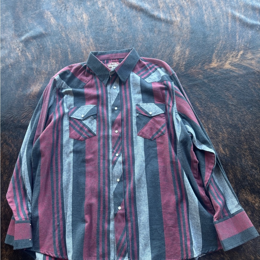 Wrangler Men's Burgundy and Gray Striped Shirt
